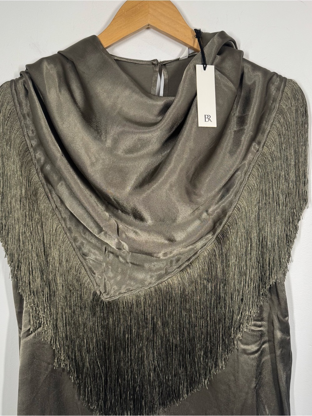 Banana Republic Womens Silky Crepe Fringe Top, Size XS Small Olive Green, NWT - Picture 3 of 11